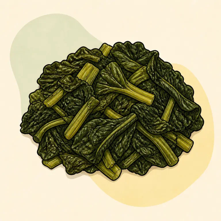 Hand-drawn editorial illustration of Mustard greens, frozen, cooked, no added fat.