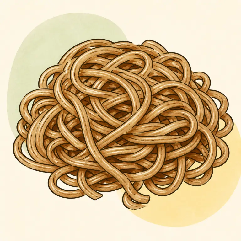 Hand-drawn editorial illustration of Noodles, whole grain, cooked.