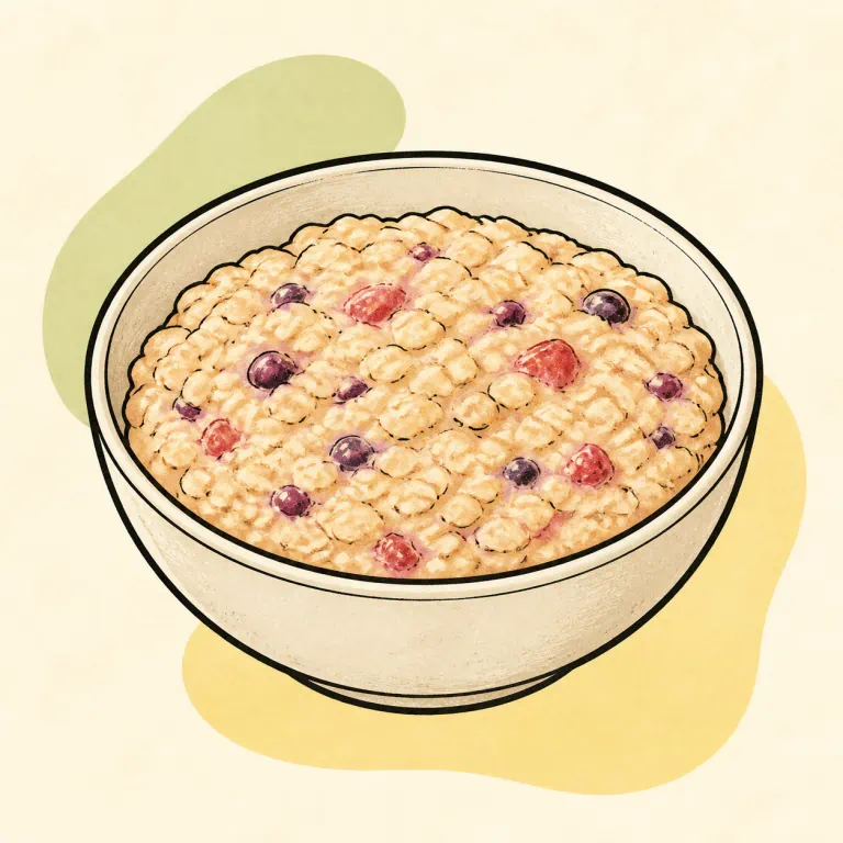 Hand-drawn editorial illustration of Oatmeal, instant, fruit flavored, no added fat.
