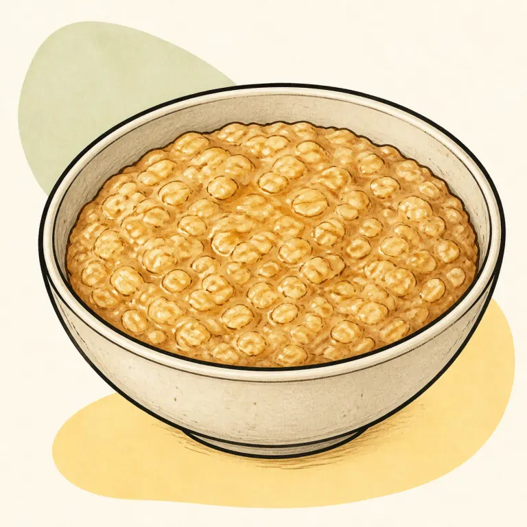 Hand-drawn editorial illustration of Oatmeal, instant, maple flavored, no added fat.