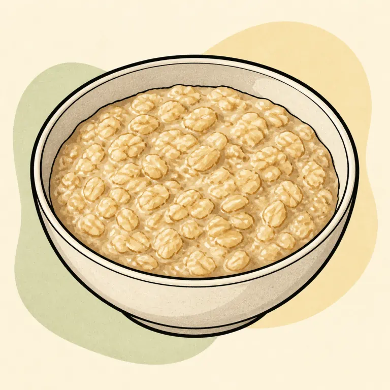 Hand-drawn editorial illustration of Oatmeal, regular or quick, made with water, no added fat.
