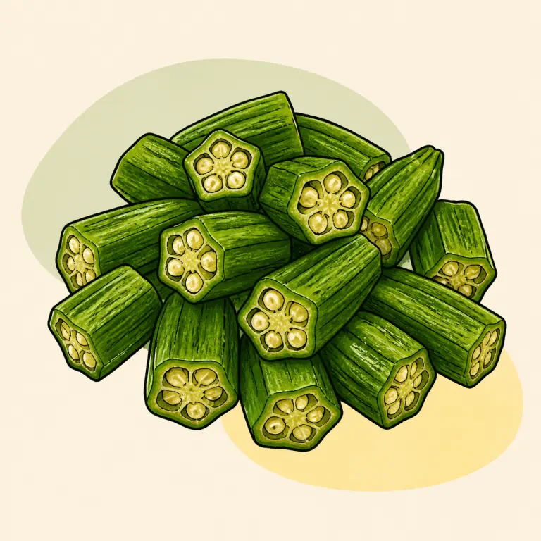 Hand-drawn editorial illustration of Okra, fresh, cooked, no added fat.