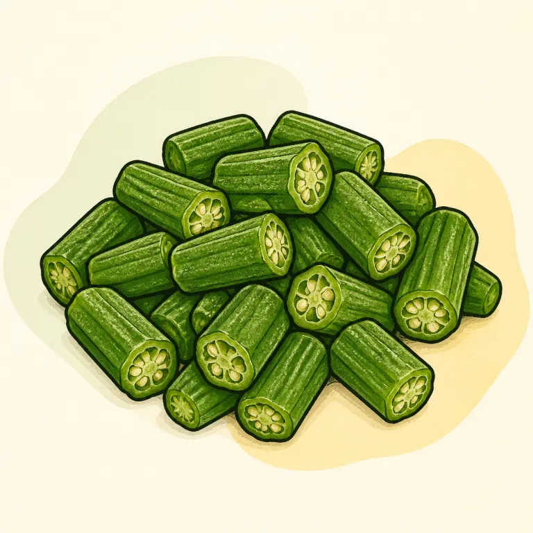Hand-drawn editorial illustration of Okra, frozen, cooked, no added fat.
