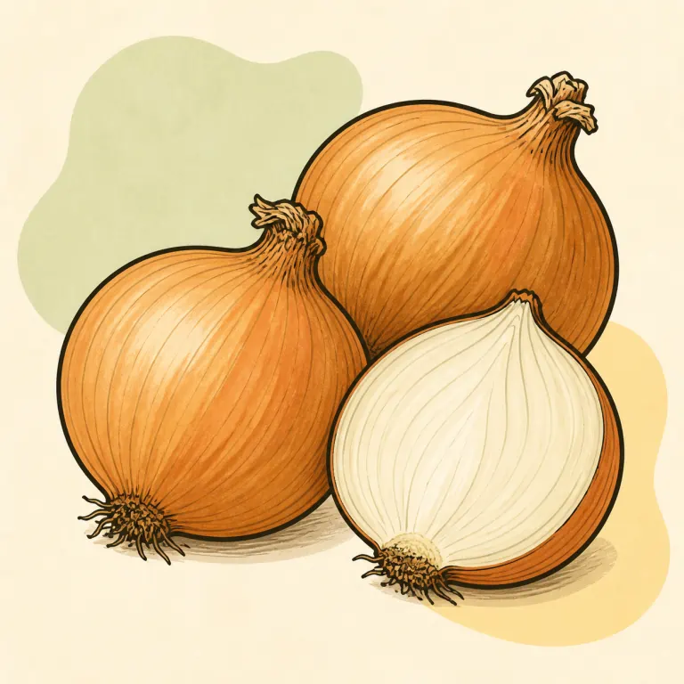 Hand-drawn editorial illustration of Onions, raw.