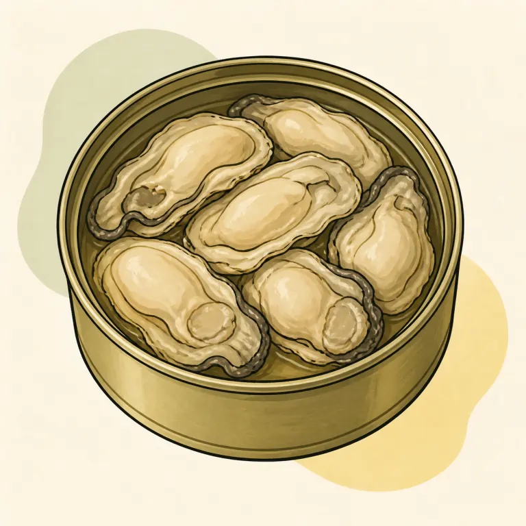 Hand-drawn editorial illustration of Oysters, canned.