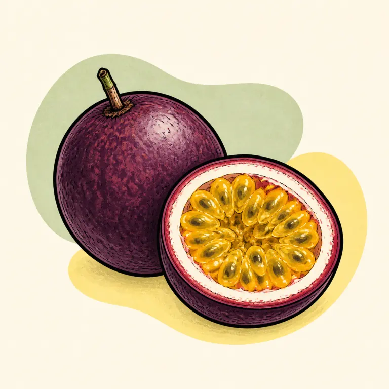 Hand-drawn editorial illustration of Passion fruit, raw.
