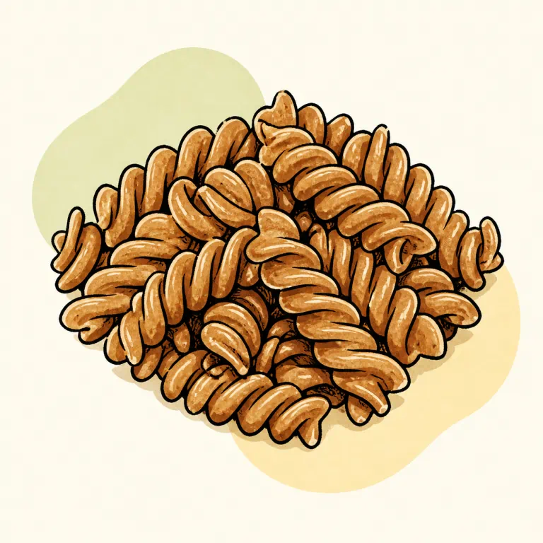 Hand-drawn editorial illustration of Pasta, whole grain, cooked.