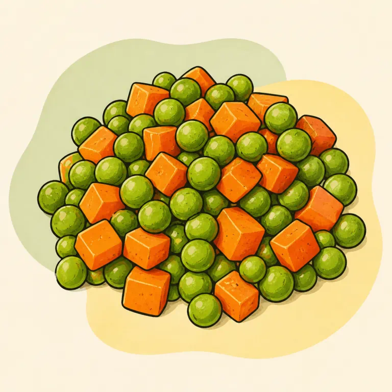 Hand-drawn editorial illustration of Peas and carrots, canned, cooked, no added fat.