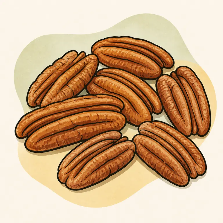 Hand-drawn editorial illustration of Pecans, unroasted.