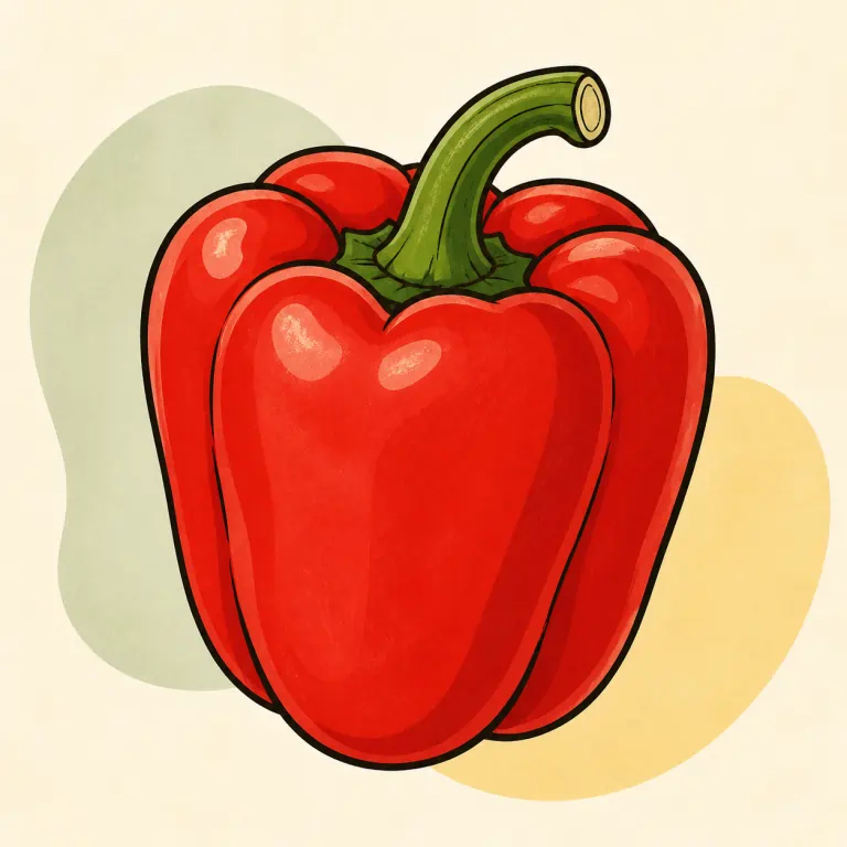 Hand-drawn editorial illustration of Peppers, sweet, red, raw.