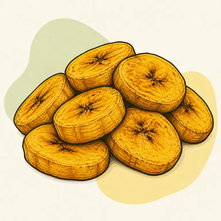 Hand-drawn editorial illustration of Plantain, cooked, no added fat.