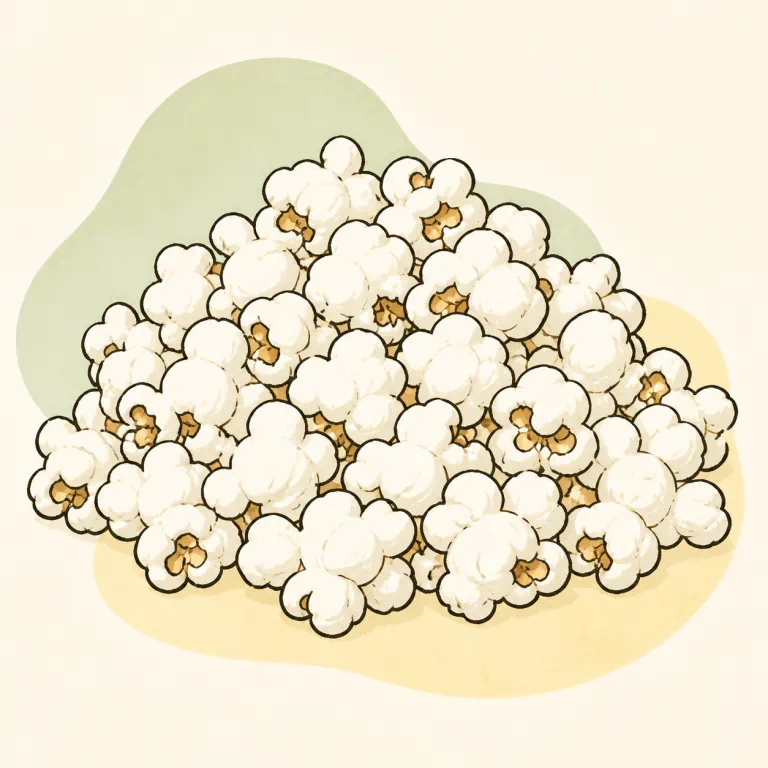 Hand-drawn editorial illustration of Popcorn, air-popped, no butter added.
