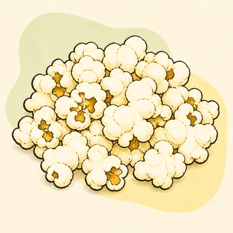 Hand-drawn editorial illustration of Popcorn, ready-to-eat, plain, light.