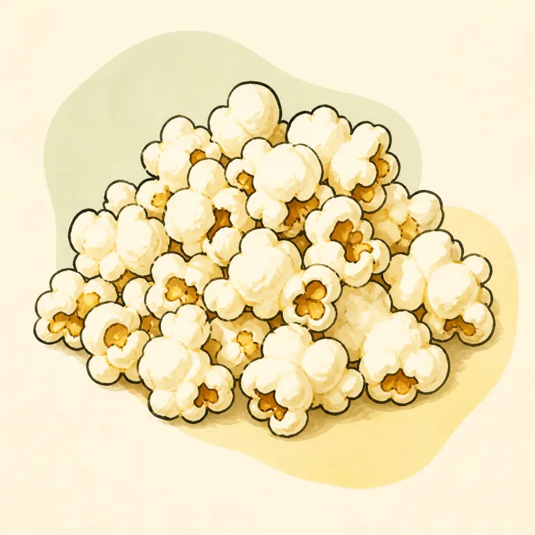 Hand-drawn editorial illustration of Popcorn, ready-to-eat, plain.
