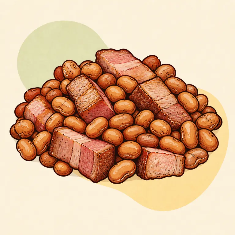 Hand-drawn editorial illustration of Pork and beans.