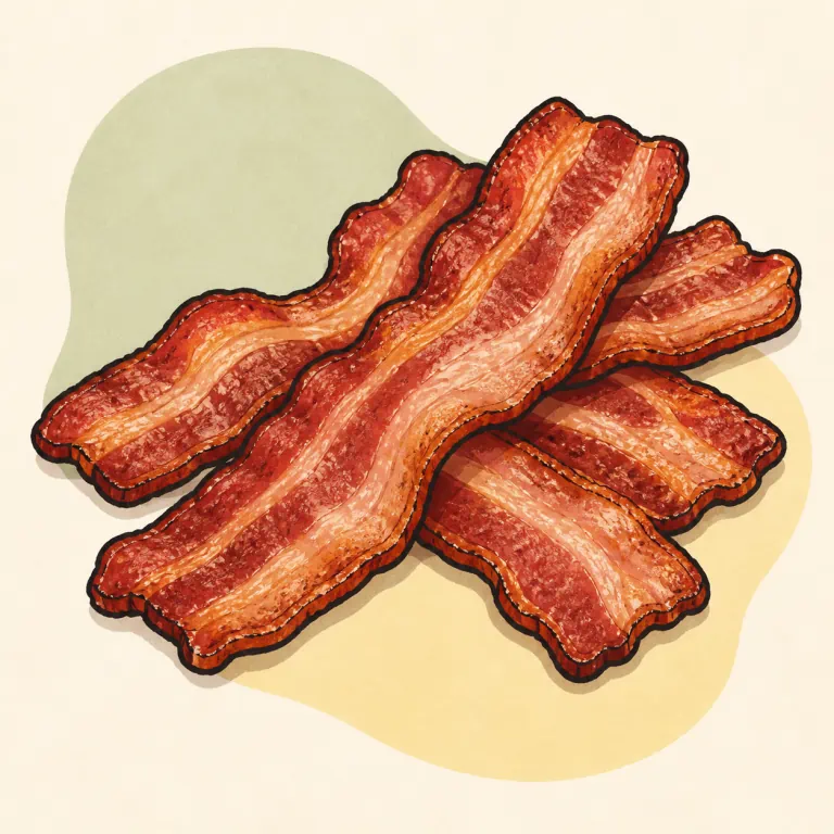 Hand-drawn editorial illustration of Pork bacon, smoked or cured, cooked.