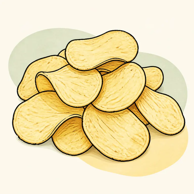 Hand-drawn editorial illustration of Potato chips, baked, plain.