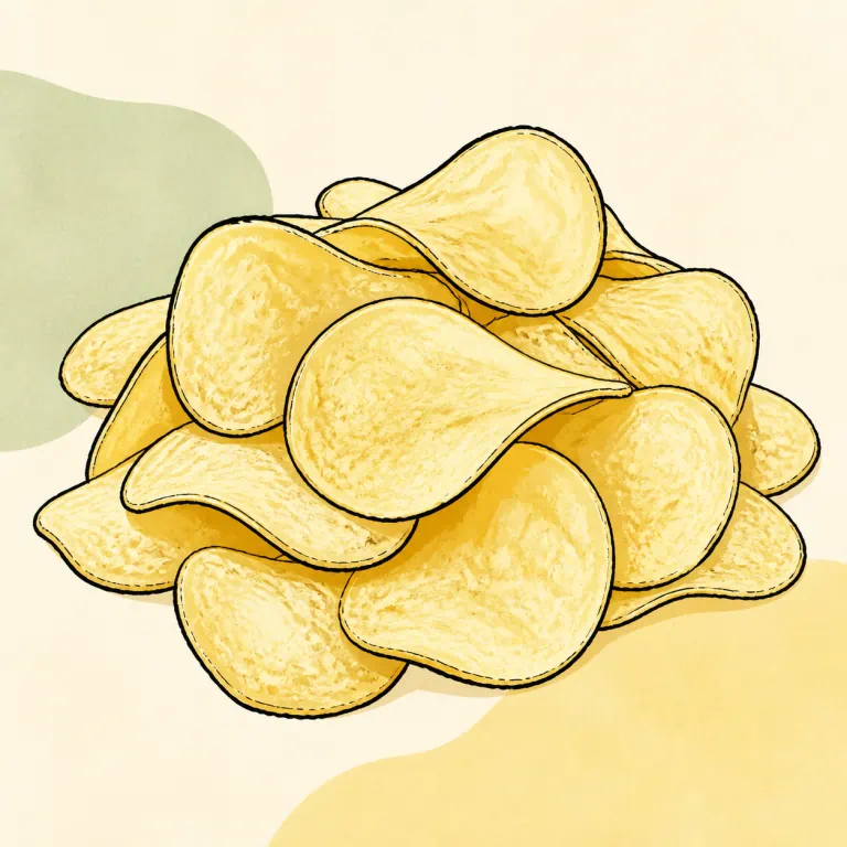 Hand-drawn editorial illustration of Potato chips, popped, plain.