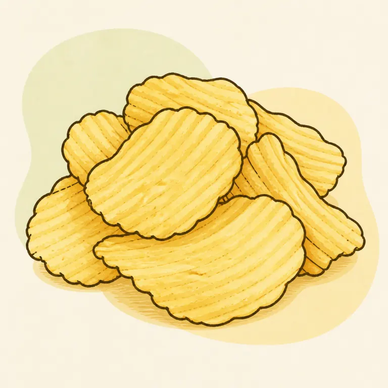 Hand-drawn editorial illustration of Potato chips, ruffled, plain.