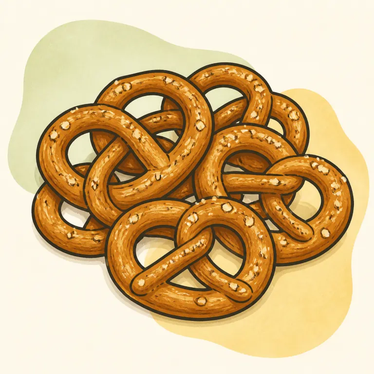 Hand-drawn editorial illustration of Pretzels, hard, plain, lightly salted.