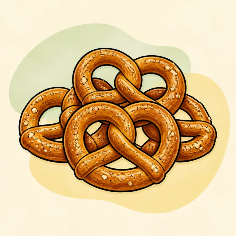 Hand-drawn editorial illustration of Pretzels, hard, plain, salted.
