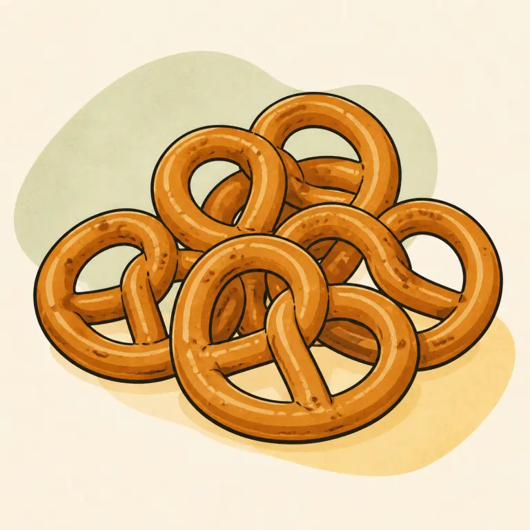 Hand-drawn editorial illustration of Pretzels, hard, plain, unsalted.
