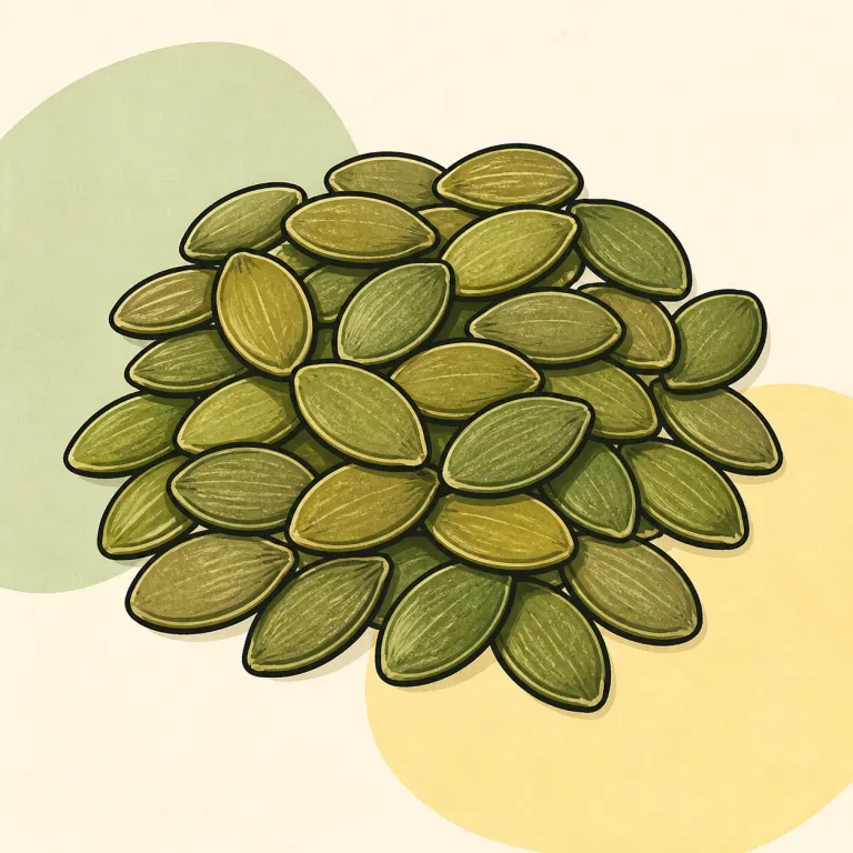 Hand-drawn editorial illustration of Pumpkin seeds, unsalted.