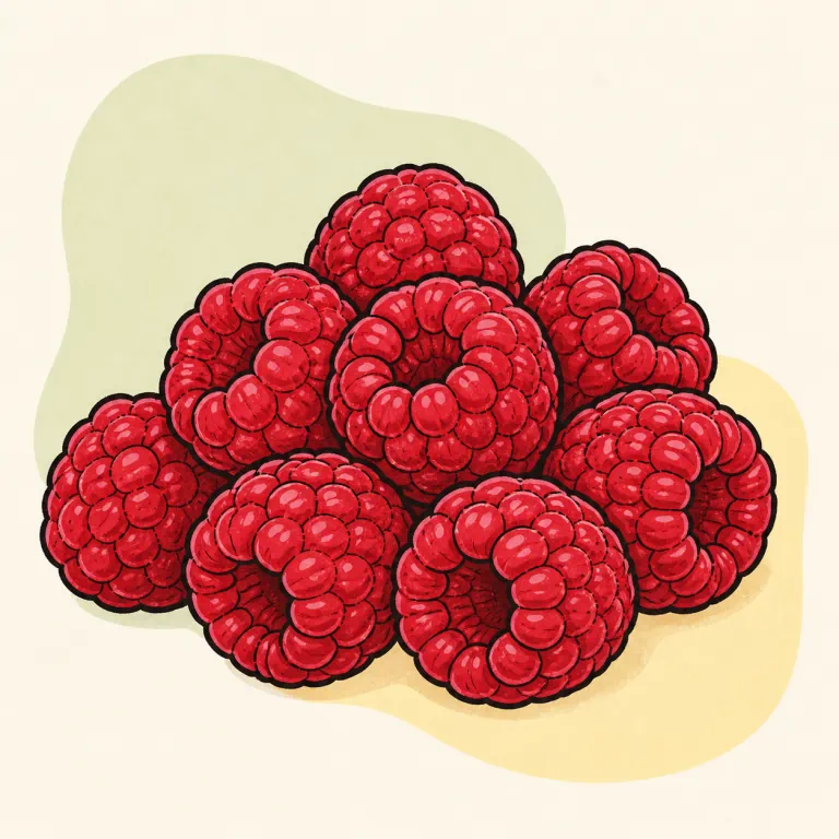 Hand-drawn editorial illustration of Raspberries, raw.