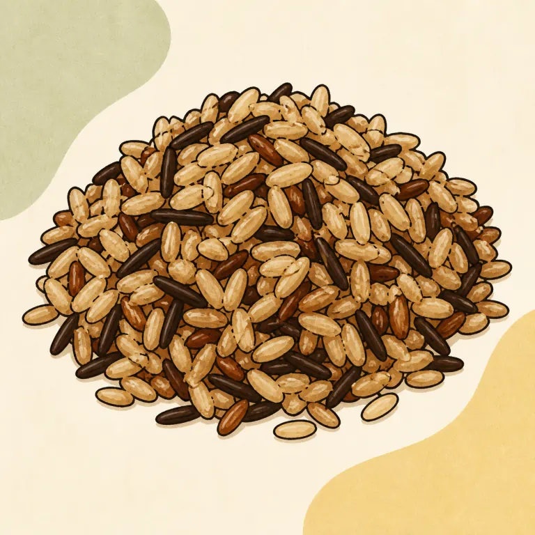 Hand-drawn editorial illustration of Rice, brown and wild, cooked, no added fat.