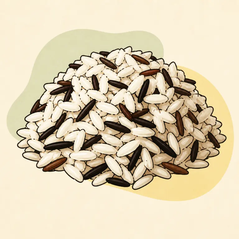 Hand-drawn editorial illustration of Rice, white and wild, cooked, no added fat.