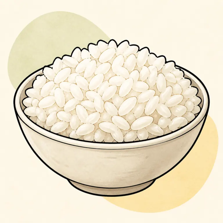 Hand-drawn editorial illustration of Rice, white, cooked, no added fat.