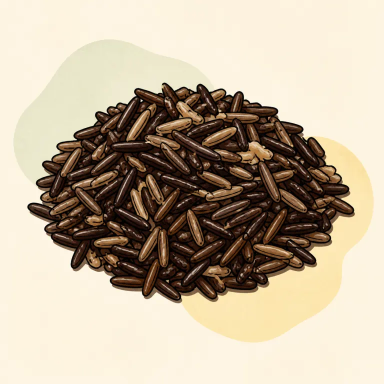 Hand-drawn editorial illustration of Rice, wild, 100%, cooked, no added fat.