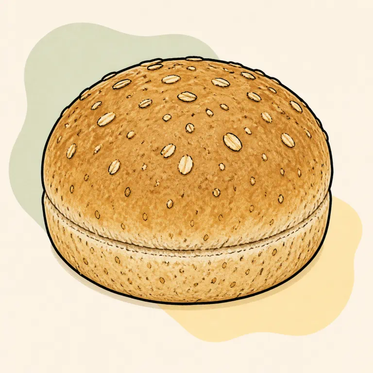 Hand-drawn editorial illustration of Roll, whole grain white, hamburger bun.