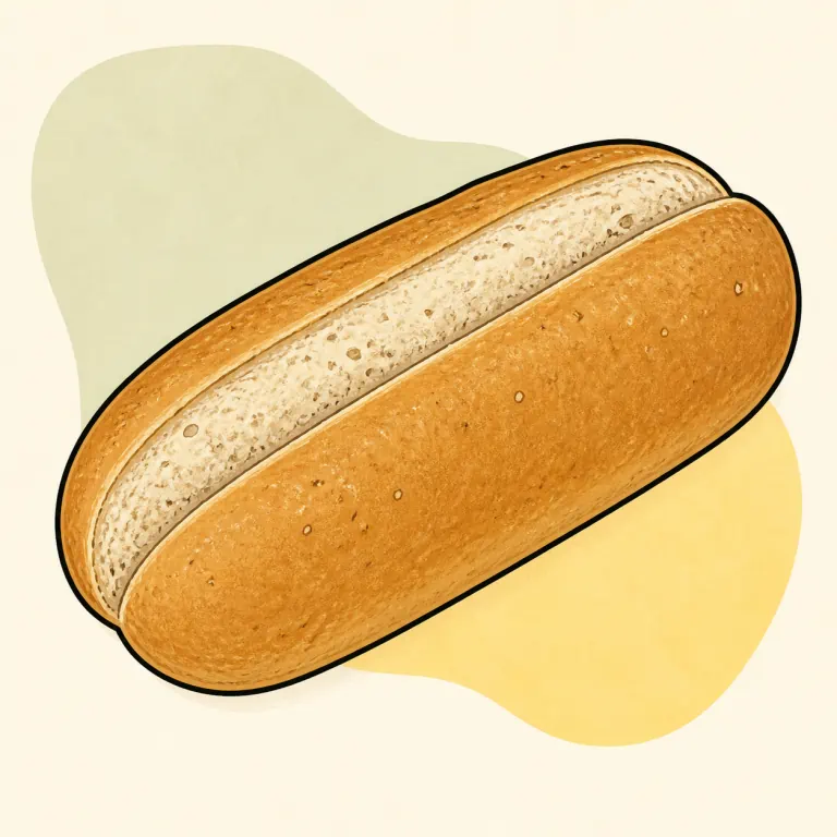 Hand-drawn editorial illustration of Roll, whole grain white, hot dog bun.