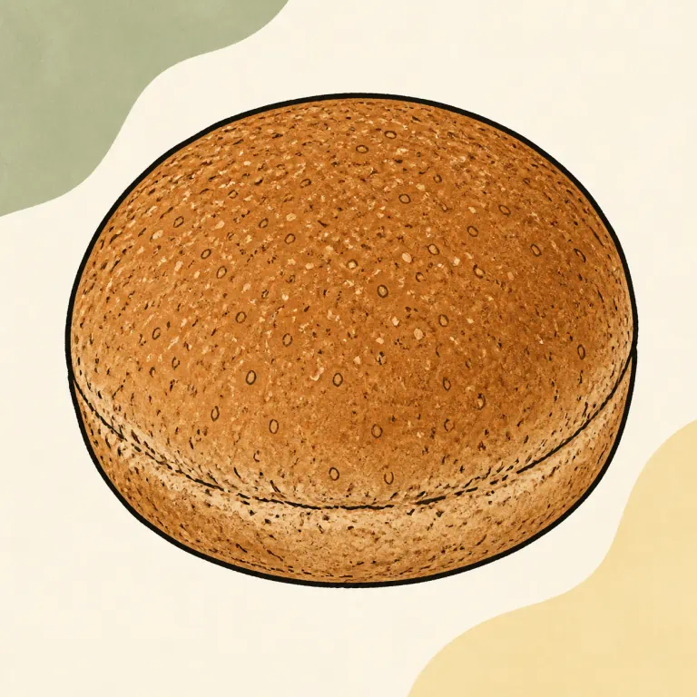 Hand-drawn editorial illustration of Roll, whole wheat, hamburger bun.