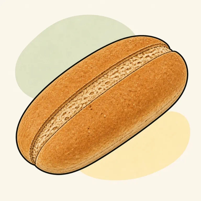 Hand-drawn editorial illustration of Roll, whole wheat, hot dog bun.