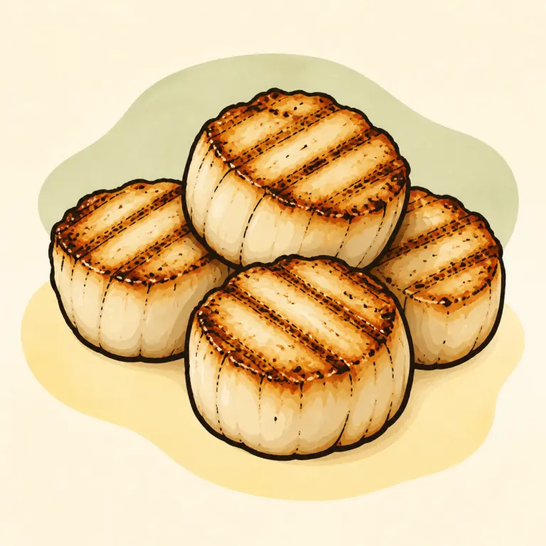 Hand-drawn editorial illustration of Scallops, grilled.