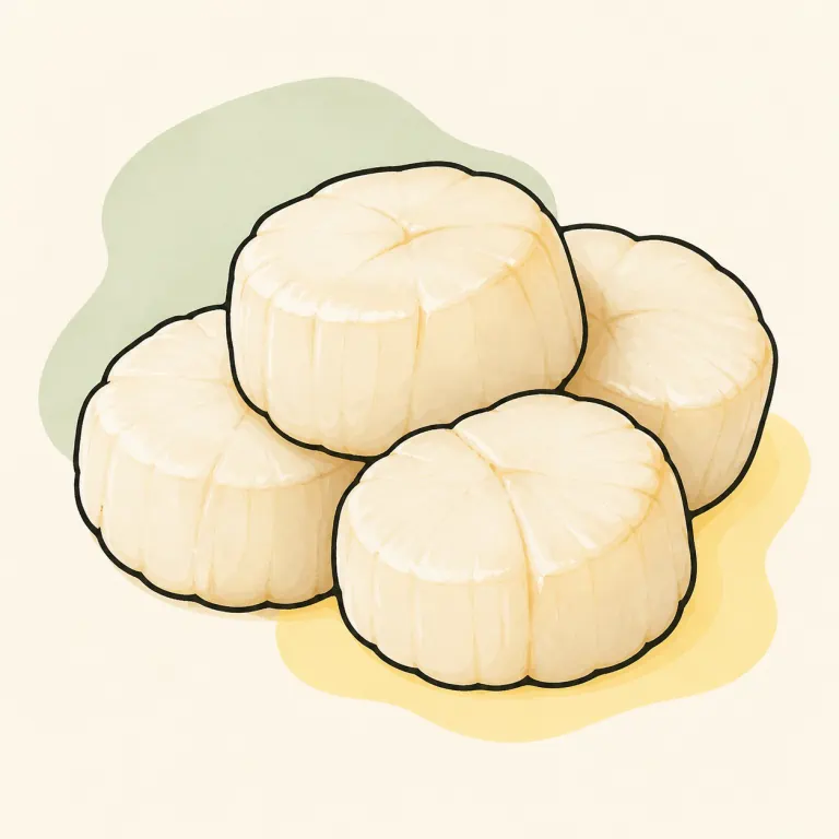 Hand-drawn editorial illustration of Scallops, steamed or boiled.