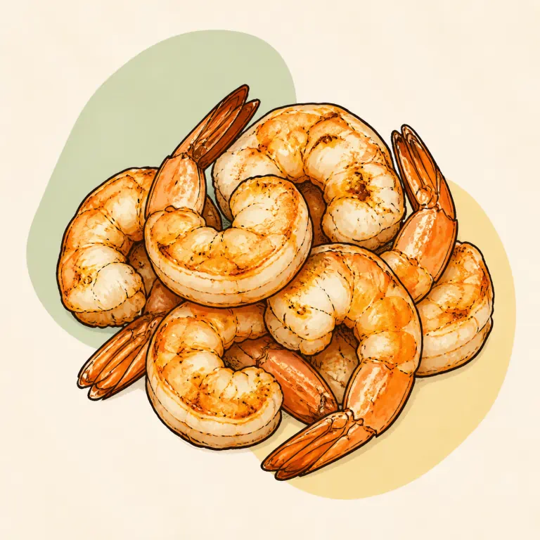 Hand-drawn editorial illustration of Shrimp, baked or broiled.