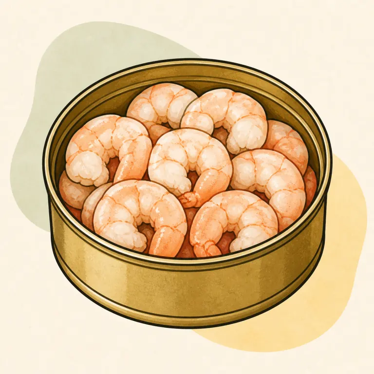 Hand-drawn editorial illustration of Shrimp, canned.