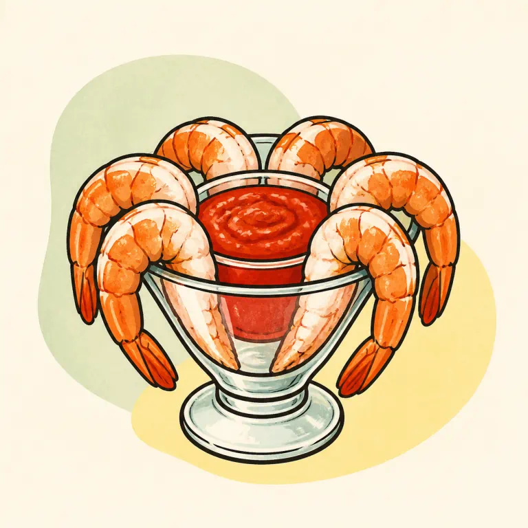 Hand-drawn editorial illustration of Shrimp cocktail.