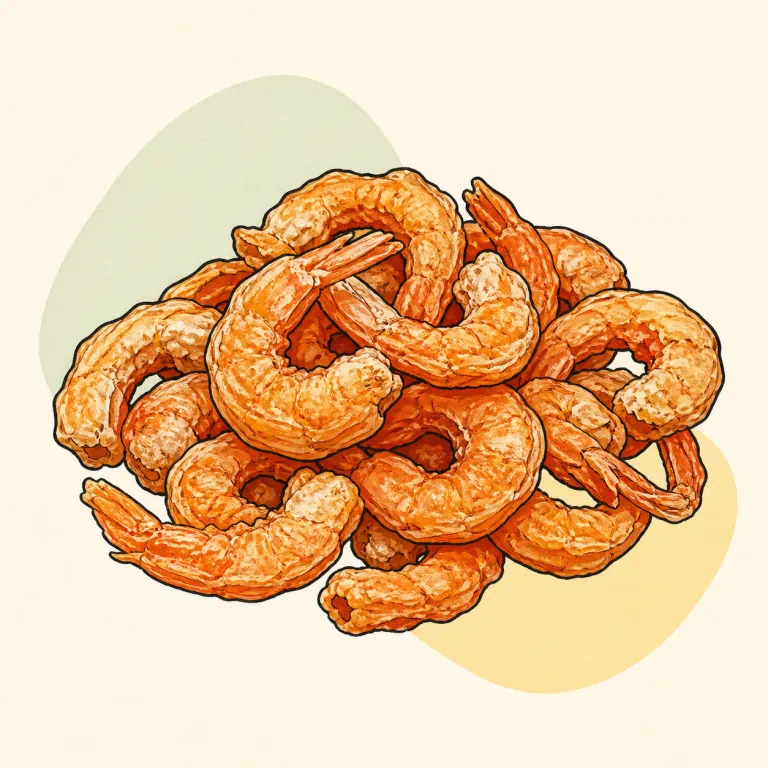 Hand-drawn editorial illustration of Shrimp, dried.