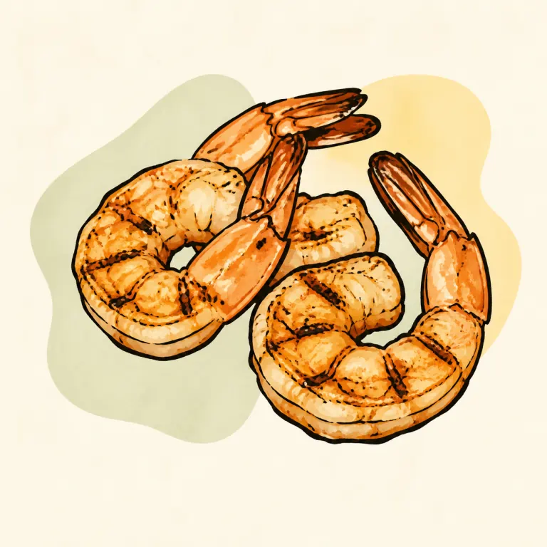 Hand-drawn editorial illustration of Shrimp, grilled.