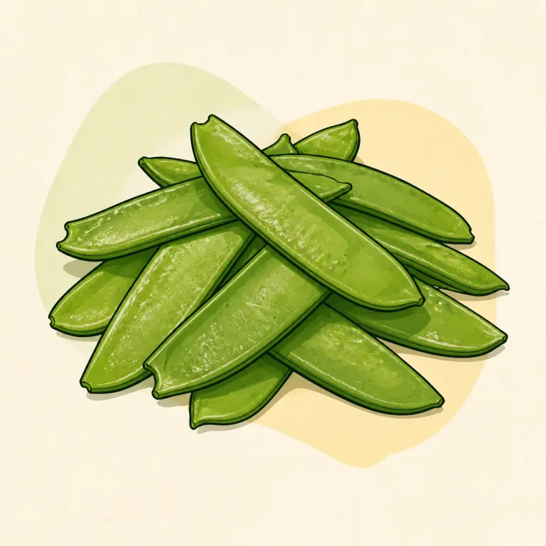 Hand-drawn editorial illustration of Snowpeas, fresh, cooked, no added fat.