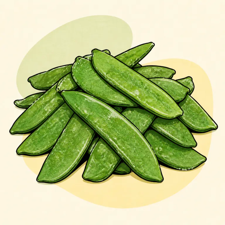 Hand-drawn editorial illustration of Snowpeas, frozen, cooked, no added fat.