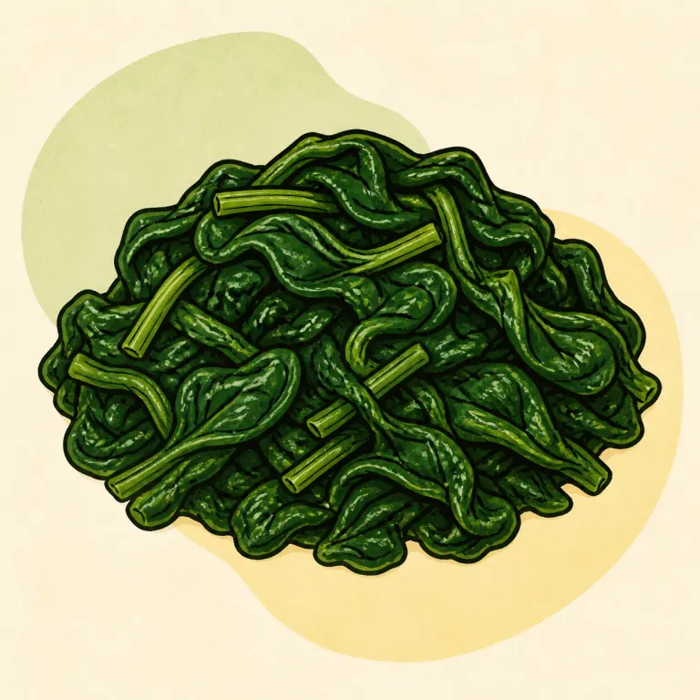 Hand-drawn editorial illustration of Spinach, canned, cooked, no added fat.