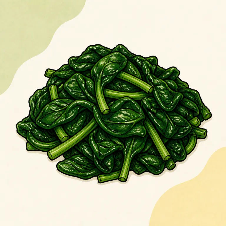 Hand-drawn editorial illustration of Spinach, fresh, cooked, no added fat.