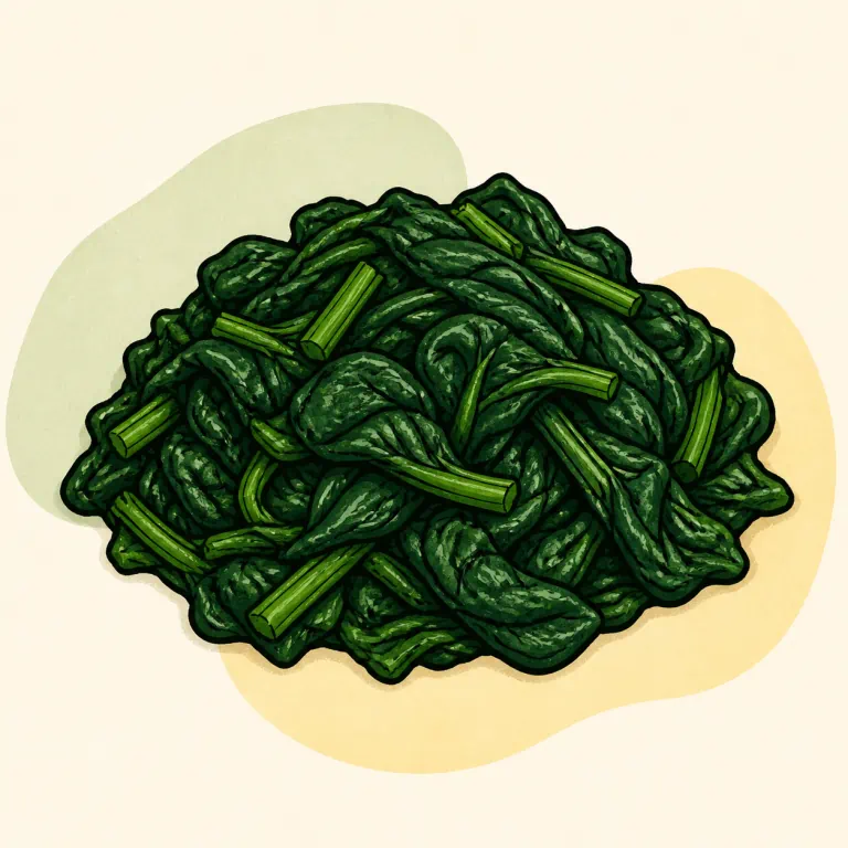 Hand-drawn editorial illustration of Spinach, frozen, cooked, no added fat.