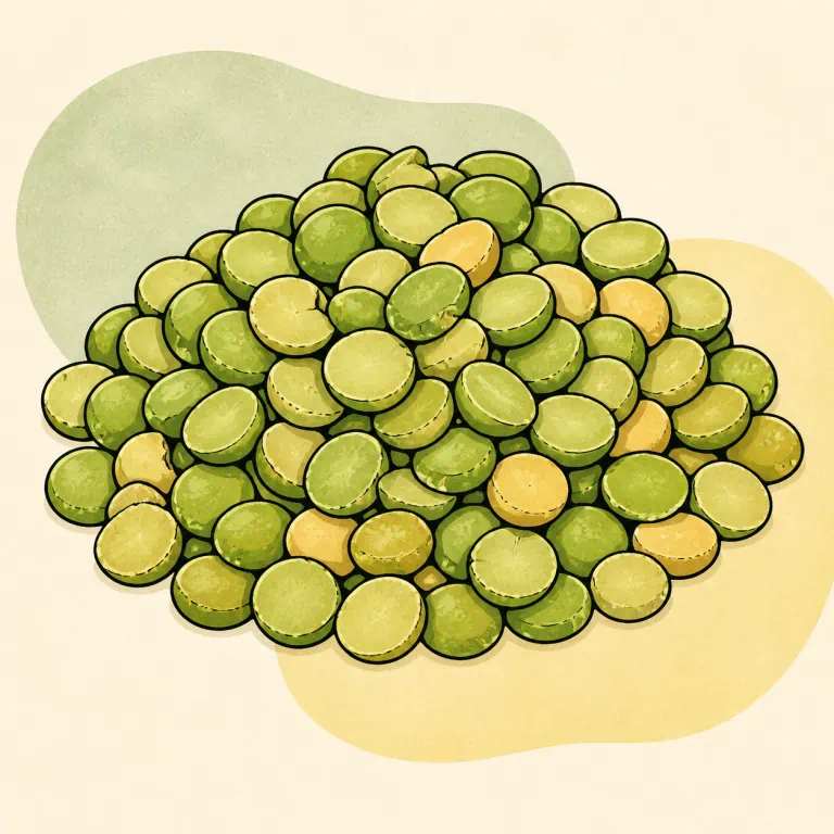 Hand-drawn editorial illustration of Split peas, from dried, no added fat.