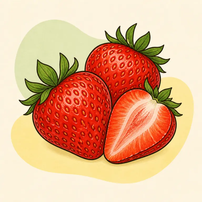 Hand-drawn editorial illustration of Strawberries, raw.